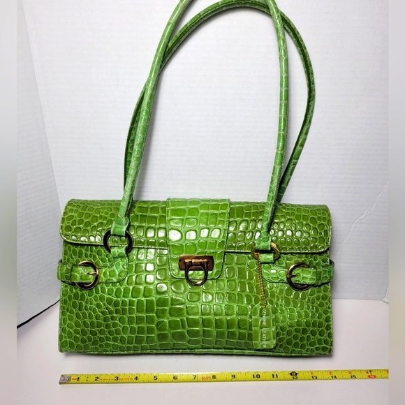 Genuine Leather Green Croc Embossed Handbag Shoulder Bag Satchel Vintage - Picture 14 of 16
